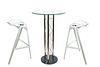 MODERN GLASS TOP BAR TABLE AND TWO STOOLS, H 40.25",  DIA 25.5" (TABLE)