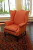 MAHOGANY UPHOLSTERED WING BACK CHAIR, H 41", W 33", D 34"