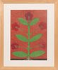 EDDIE ARNING (AMERICAN, 1898-1993), FOLK ART, CRAYON ON PAPER, H 24" W 17" RED FLOWERS 