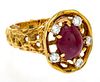 LADIES RUBY, DIAMOND, AND 18KT YELLOW GOLD RING, SIZE: 5.25 