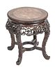 CHINESE CARVED TEAKWOOD TABLE, MARBLE INLAY TOP, H 19", DIA 18"