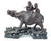 CHINESE CARVED ROSEWOOD SCULPTURE, C 1900, H 11", L 13", CHILDREN RIDING WATER BUFFALO 