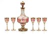 CRYSTAL DECANTER AND APERITIF GLASSES (5) H 12", 5" 