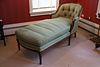 LOUIS XVI STYLE CARVED WALNUT, UPHOLSTERED CHAISE LOUNGE, H 33", L 66" 