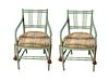 PAIR OF PAINTED BAMBOO STYLE UPHOLSTERED ARM CHAIRS, H 34.5", L 20", D 18" 