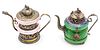 CHINESE STONE EMBELLISHED SILVER TEAPOTS WITH ROSE AND GREEN QUARTZ, TWO H 5" 