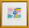 PETER MAX (AMERICAN, 1937) LITHOGRAPH WITH HAND COLORING ON WOVE PAPER, 1997 H 8" W 8.5" UMBRELLA MAN 