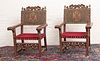 ENGLISH  RENAISSANCE REVIVAL CARVED OAK AND LEATHER BACK ARM CHAIRS, C.1860-1880 PAIR, H 45", W 32", D 27" 