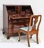 CARVED MAHOGANY SLANT FRONT DESK AND SIDE CHAIR, TWO PIECES, H 43", W 37", D 20.5" 