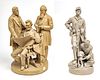 JOHN ROGERS (AMERICAN 1829-1904) PAINTED PLASTER FIGURAL GROUPINGS, 2 PCS, H 24", "THE COUNCIL OF WAR" AND "WOUNDED TO THE REAR - ONE MORE SHOT" 