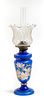 ENAMELED BLUE GLASS OIL LAMP, C. 1890, H 25", DIA 5" 