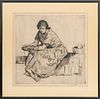 MYRON BARLOW, MICH. 1873 - 37, ETCHING H 15" W 15" GIRL SEATED 