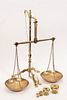 DOYLE & SON (LONDON) BRASS SCALE + 5 WEIGHTS, C. 1900, H 22", W 19" 