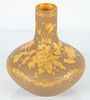 WEDGWOOD (ENGLISH)  VICTORIA GILT DECORATED VASE WITH BEIGE GLAZE AND GOLD LEAF, H 7.25" DIA 7" 