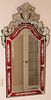 VENETIAN ETCHED GLASS WALL MIRROR, RUBY GLASS ETCHED BORDER C 1960 H 55", W 29" 