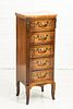 FRENCH MARBLE TOP AND FRUITWOOD 5 DRAWER NARROW CHEST  H 38" W 15" 