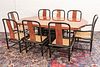 HENREDON, ELAN COLLECTION BLACK LACQUER AND KOA WOOD DINING SET, TABLE, 8 CHAIRS W 44" L 101" (INCLUDING 21" LEAF) 