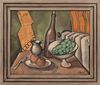 20TH C. OIL AND COLLAGE ON CANVAS, SIGNED LONG, C.1930 H 20", W 24", FRENCH STILL LIFE 