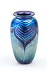 ROBERT EICHOLT, SIGNED ART GLASS VASE, IRIDESCENT BLUE 1986 H 5 3/4 ' DIA 3" 