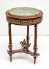 LOUIS XVI STYLE MAHOGANY AND BRONZE ORMOLU   GUERIDON WITH INSET MARBLE TOP H 31", DIA 21" 