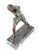 FRENCH  BRONZE SCULPTURE, THE BORGHESE GLADIATOR, MARBLE PLINTH, C. 1900 H 20", L 19"