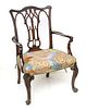 MAHOGANY CHIPPENDALE STYLE OPEN ARM CHAIR C 1940 H 39" W 25" 