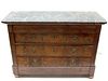 FRENCH EMPIRE FLAME GRAIN MAHOGANY CHEST OF DRAWERS, 19TH C, H 35.25", W 51", MARBLE TOP 