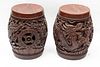 ASIAN CARVED WOOD DRAGON AND PHOENIX STOOLS PAIR, H 20" DIA 13" 
