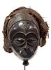 African Polychrome Carved Wood Mask With Fiber And Rafia, H 9", W 9", D 7"