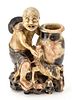 Chinese Soapstone Sculpture, Man With Goat And Vase, H 7.75'' W 5'' Depth 2''