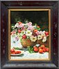 Oil On Panel,  20th C., Still Life With Flowers And Strawberries, H 19.75'' W 15.75''