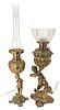 Victorian Gilt Metal Banquet Oil Lamps, Cherub Bases C. 1850, H 23'' 2 pcs