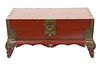 Chinese Red Lacquered Wood & Brass Hinged Chest, H 15.5'' L 32''