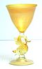 VENETIAN ART GLASS GOBLET C 1900 H 8.25", DOLPHIN STEM, GOLD FLECKS 