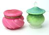 TWO SATIN GLASS DRESSER CONTAINERS, H 4.75-6" 