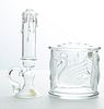 COVERED GLASS "SWAN" CONTAINER AND GLASS CANDLE CHAMBER STICK H 5" 