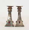 SILVER PLATE & RED CABOCHON CANDLESTICKS, LIBERTY OF LONDON PAIR, H 7" 