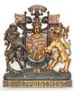ENGLISH CARVED WOOD ROYAL COAT OF ARMS OF THE UNITED KINGDOM H 36", W 30", "BY APPOINTMENT" 