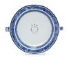 A Chinese Export Porcelain Blue and White Armorial Warming Tray Width 11 inches.