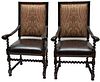 CARVED WOOD  UPHOLSTERED OPEN ARM CHAIRS, H 46', W 27", D 28" 