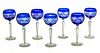 COBALT TO CLEAR OVERLAY RHINE WINE GOBLETS, SET OF 7 H 8 3/4" 