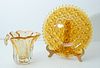 AMBER TO CLEAR ART GLASS VASE & PRESSED GLASS PLATE 2 PCS. H 6" W 9" DIA 10" 