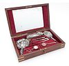 BONE INLAID WOOD TRAVELING CASE WITH GROOMING ACCESSORIES, H 3.5", W 18", D 11.5" 