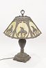 AFTER JAMES EARLE FRASER METAL AND SLAG GLASS LAMP, H 20", DIA 13", "END OF THE TRAIL" 