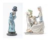 * LLADRO PORCELAIN FIGURES, TWO PIECES, H 9.5" AND 10.5", "SHEPHERDESS WITH GOAT" AND "SAYONARA" 