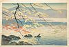 OKURUMA KOICHI, JAPAN 1904 - 74, WOODBLOCK PRINT H 10" W 15.2 AUTUMN AT LAKE TOWADA 