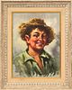 VILLANI, ITALY, LAUGHING FARM BOY WITH STRAW HAT, OIL ON CANVAS H 15.5" W 11.5"  