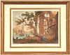AFTER CLAUDE LORRAIN HAND COLORED ETCHING 19TH C. H 7.5" W 10" LANDSCAPE 