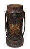 English Leather Cylindrical Shot Bucket, 19th c., with a leather carrying strap, the side with armorial decoration, H.- 13 5/8 in., W.- 6 1/2 in., Dia