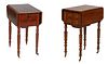 Near Pair of French Provincial Demilune Work Tables, 19th c., the leaves over two drawers, on one end and a pot cupboard on the other end, on turned t